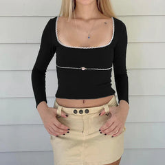 Pydshop 2024 Fashion Woman tops y2k style Vintage Square Neck Lace Trim Top