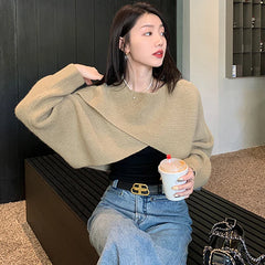 Pydshop 2024 Short Women's Pullovers Sweaters Autumn Winter Streetwear Knitted Sweater Long Sleeve Cross Irregular Solid Y2K Tops Sexy