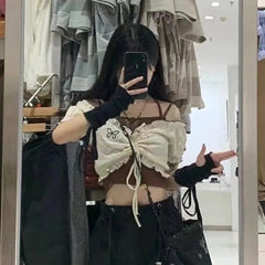 Pydshop Sweet Cool Short Sleeve Drawstring Ruched Tops Y2k American Halter Camisole Vest Women 2024 Summer 2 Piece Sets Graphic T Shirts