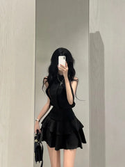 Pydshop Fashion Off Shoulder Sleeveless Halter Black Tops Women+ Y2k E-Girl High Waist Ruched Skirts 2024 Summer New Two Piece Sets