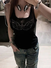 Pydshop 2024 New Mesh Patchwork Tank Top Summer Sleeveless Tops Mujer Y2k E-Girl Slim Fit Diamond White Vest for Women