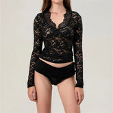 Pydshop Women Y2k Lace Long Sleeve Crop Top Sexy V Neck Floral Sheer Mesh Top Cute See Through Blouse Night Clubwear