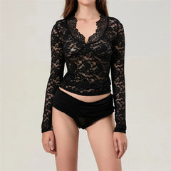 Pydshop Women Y2k Lace Long Sleeve Crop Top Sexy V Neck Floral Sheer Mesh Top Cute See Through Blouse Night Clubwear