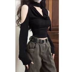 Pydshop Fashion V-neck Black Halter Tops Women 2024 Summer Nw Slim Waist Tee Shirt Y2k E-Girl Long Sleeve Off Shoulder T-shirts