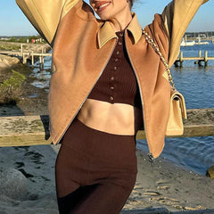 Pydshop 2024 Fashion Woman tops y2k style Vintage Zip Up PU Leather Patchwork Jacket