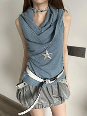 Pydshop Fashion Simple Slash Neck Hooded Tank Top 2024 Summer New Knitted Vest for Women Y2k E-Girl Sleeveless Bottoming Tops Mujer