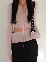 Pydshop Korean Fashion Slim Waist Hollow Out T-shirts Sexy Off Shoulder Halter Tops Women Y2k E-Girl Long Sleeve Pink Tee Shirt