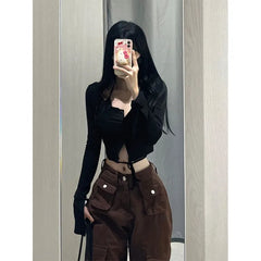 Pydshop Black Halter Two-piece Bottoming T-shirt for Women 2024 Summer New Tops Mujer Y2k Grunge Slim Fit Long Sleeve Tee Shirt