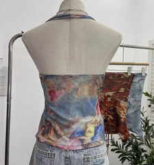 Pydshop Women's Resort Swing Collar Drawstring Strap Halter Vest Tie-Dye Mesh Top Sexy Backless Irregular Vest Party Leisure Essential