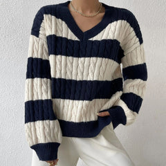 Pydshop Striped Drop Shoulder Sweater Fashion Women Loose Sweater Long Sleeve Simple Knitwear V-Neck Contrast Casual Sweater Top Fall Outfits 2023