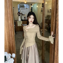 Pydshop Fashion Irregular Long Sleeve Slim Fit Tops Women+ Y2k E-Girl High Waist Ruched A-line Skirts 2024 Autumn Two Piece Sets