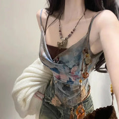 Pydshop American Retro Butterfly Print Layered Tank Top 2024 Summer New Sleeveless Tops Y2k Irregular Slim Fit Vest Two Piece Sets