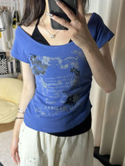 Pydshop Vintage Fake Two Piece Tops Mujer 2024 Summer New Blue Print Halter T-shirt for Women Y2k Slim Fit Short Sleeve Tee Shirt