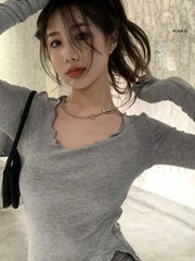 Pydshop Women Sexy Bodycon T-shirts Autunmn Women Long Sleeve Irregular Crop Top Modis Sheath T-shirts Fashion Spring Solid Tops korean