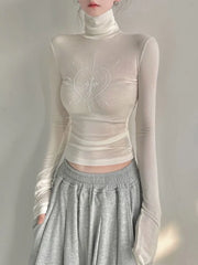 Pydshop All-match Print Diamond Slim Fit T-shirts Summer New Turtleneck Bottoming Tops Women Y2k Grunge Long Sleeve White Tee Shirt