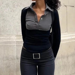 Pydshop 2024 Fashion Woman tops y2k style Stripe Patchwork Long Sleeve Pullover Buttons Top