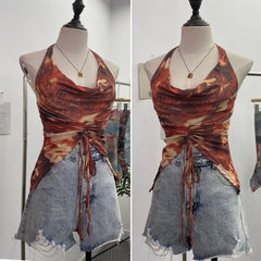 Pydshop Women's Resort Swing Collar Drawstring Strap Halter Vest Tie-Dye Mesh Top Sexy Backless Irregular Vest Party Leisure Essential