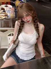 Pydshop 2024 New Mesh Patchwork Tank Top Summer Sleeveless Tops Mujer Y2k E-Girl Slim Fit Diamond White Vest for Women