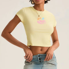 Pydshop Women Retro Graphic Baby Tees Y2k 00s Short Sleeve Crew Neck Crop Top Fairy Grunge Lemons Print T Shirt Cute Summer Baby Tees