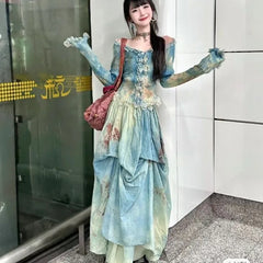 Pydshop Elegant Vintage Tie Dye Slim Fit Fungus Long Sleeve Tops Women+ Y2k High Waist Ruched Skirts 2024 Summer New Two Piece Sets
