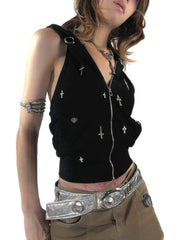 Pydshop Cross Hooded Zipper Backless Halterneck Millennium Y2k Punk Hot Girl Vest Short Gothic Slim Fit Versatile Short Sleeveless Top