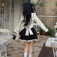 Pydshop Kawaii Sailor Collar Bow Fungus Long Sleeve Tops Women+ Y2k E-Girl High Waist Lace Black Skirts Summer Sweet Two Piece Sets