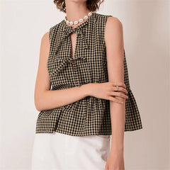 Pydshop 2000s Retro Plaids Bow Tied Front Bodydoll Tank Tops Women's Sleeveless Round Neck Ruffle Hem Vest Summer Stylish Tops