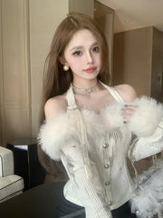 Pydshop Fluffy Patchwork Halter Slash Neck T-shirts Autumn Winter New Knitted Tops Women Y2k E-Girl Slim Fit Long Sleeve Tee Shirt
