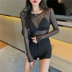 Pydshop Fashion Moon See Through Mesh Bottoming T-shirts 2024 Summer Sexy Slim Fit Tops Women Y2k Grunge Long Sleeve Black Tee Shirt