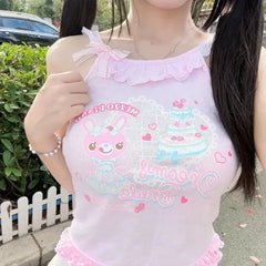 Pydshop 2024 Summer New Sleeveless Tops Mujer Sweet Cute Lolita Rabbit Cake Vest for Women Y2k E-Girl Slim Fit Lace Ruched Tank Top