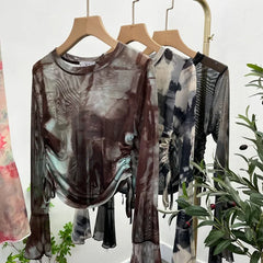 Pydshop Women's Sexy See Through Tie Dye Print Mesh Long Sleeve T-shirt Drawstring Lace Up Short Bell Sleeve Top Casual Streetwear 8929