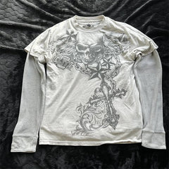 Pydshop Vintage Graphic Print Pullovers Tops Halloween Clothes 2000s Skull Grunge Layered Sleeve Tee Y2K Aesthetic Emo Mall Goth T-shirt