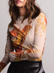 Pydshop Y2K Vintage Mesh Long Sleeve T-shirt Floral Printed Women's Clothing Crew Slim Top Blouses Harajuku 2025 Fall Spring Street Tee