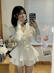 Pydshop Elegant Sweet V-neck Slim Fit Knitted Tops Women+ Y2k E-Girl High Waist Ruched Cake Skirts 2024 Autumn New Two Piece Sets