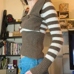 Pydshop 2024 Fashion Woman tops y2k style Vintage Stripe Asymmetrical Skinny Sweater
