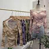 Pydshop Women's Sexy Irregular Cross V-Neck Long Sleeve Top Sexy Tie Dye Print Pleated Mesh Off Shoulder Top Casual Party Streetwear