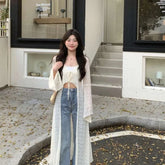 Pydshop 2024 Summer New Lace Oversized Cardigan Y2k E-Girl V-neck Up All-match Shirts Mujer Mid-length Long Sleeve Tops Women