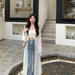 Pydshop 2024 Summer New Lace Oversized Cardigan Y2k E-Girl V-neck Up All-match Shirts Mujer Mid-length Long Sleeve Tops Women