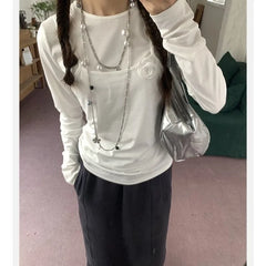Pydshop Fashion Simple Fake Two Piece T-shirts Vintage Sweet Rose O-neck White Tops Women Y2k Grunge Slim Fit Long Sleeve Tee Shirt