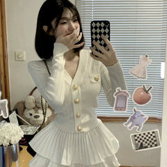 Pydshop Elegant Sweet V-neck Slim Fit Knitted Tops Women+ Y2k E-Girl High Waist Ruched Cake Skirts 2024 Autumn New Two Piece Sets