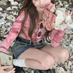 Pydshop American Pink Tie Dyed Rose Bottoming Tops Women Y2k E-Girl Mesh Long Sleeved T-shirts Summer Sexy Crop Top Slim Fit Tees