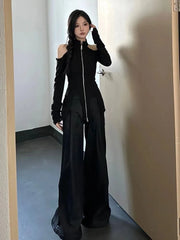 Pydshop 2024 New Stand Collar Zipper Tops Women Off Shoulder Long Sleeve T-shirts Y2k E-Girl Slim Fit Halter Knitted Tee Shirt Sweater