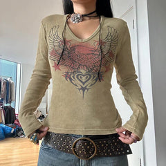 Pydshop 2024 Fashion Woman tops y2k style Khaki Graphic Printed Long Sleeves Slim Top
