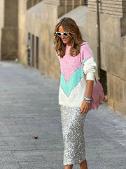 Pydshop 2024 Contrast Color Sequins Spliced Sweater Top Women's Sparkling Long Sleeve Knitted Pullover Female Warm Street Party Knitwear