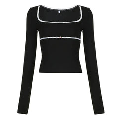 Pydshop 2024 Fashion Woman tops y2k style Vintage Square Neck Lace Trim Top