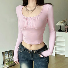 Pydshop 2024 Fashion Woman tops y2k style Sweet Pink Skinny Buttons Crop Top
