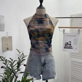 Pydshop Women Sexy Backless Halter Vest Hot Girl's Tight Strap Butterfly Hot Diamond Printed Crop Top Vest Party Leisure Essential Tops