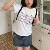 Pydshop American Style O-neck Print Cotton T-shirts Y2k E-Girl Short Sleeve All-match Tops Women 2024 Summer New Slim Fit Tee Shirt