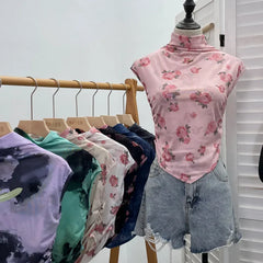 Pydshop Women's Retro Tie Dye Printed Mesh Short Sleeve T-Shirt Chic Sexy Folded Irregular Hot Girl Navel-Baring Vest Top 8721 Outfits