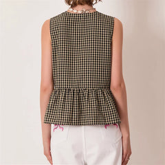 Pydshop 2000s Retro Plaids Bow Tied Front Bodydoll Tank Tops Women's Sleeveless Round Neck Ruffle Hem Vest Summer Stylish Tops